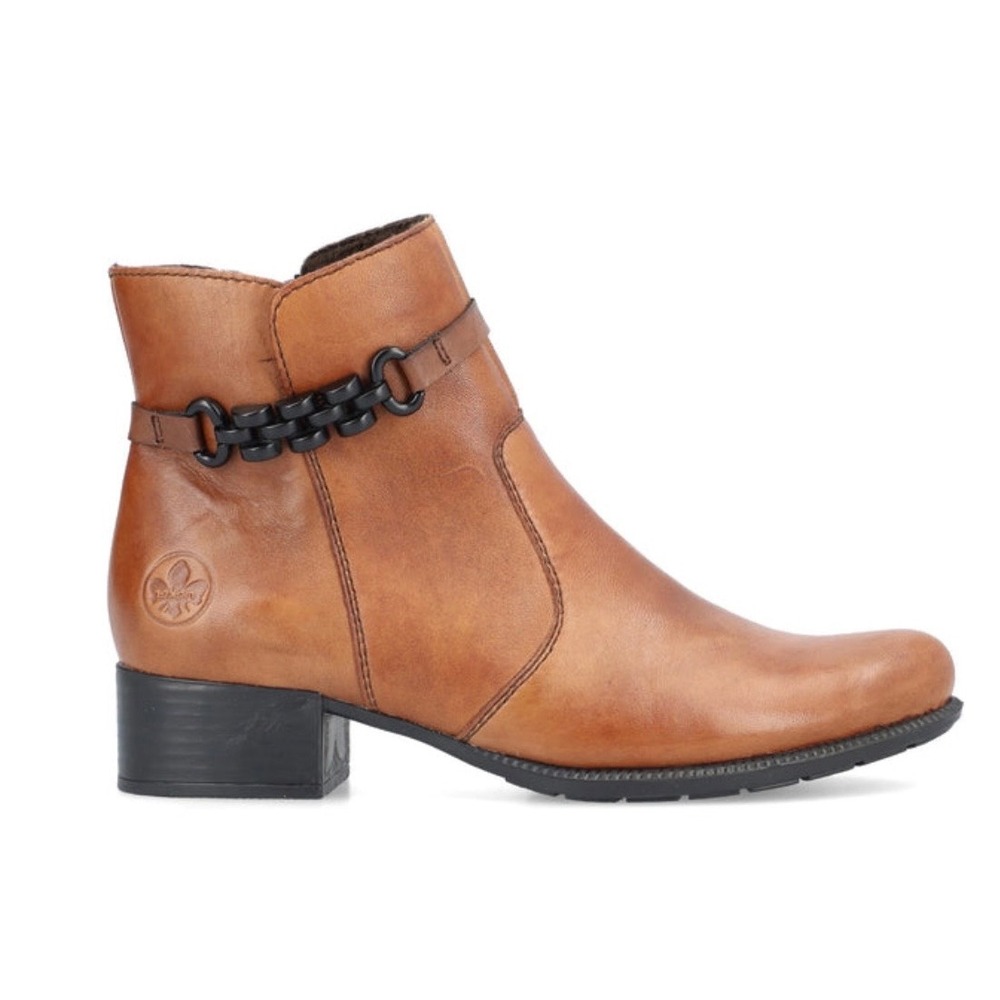 Rieker Womens Brown Leather Zip Up Ankle Boots Chain Detail Size 37